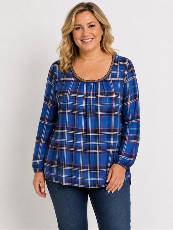 E hangar M Tops - E hangar M Royal Blue Plaid Sheer Top w/Gold Accent Neckline, Size Large